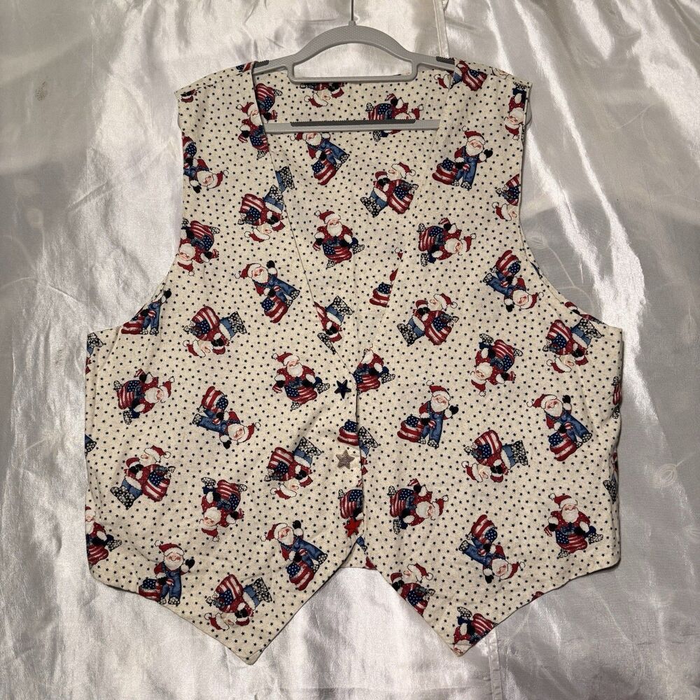 VTG Handmade Patriotic Christmas Vest Unisex Santa USA Flag Star Novelty XL